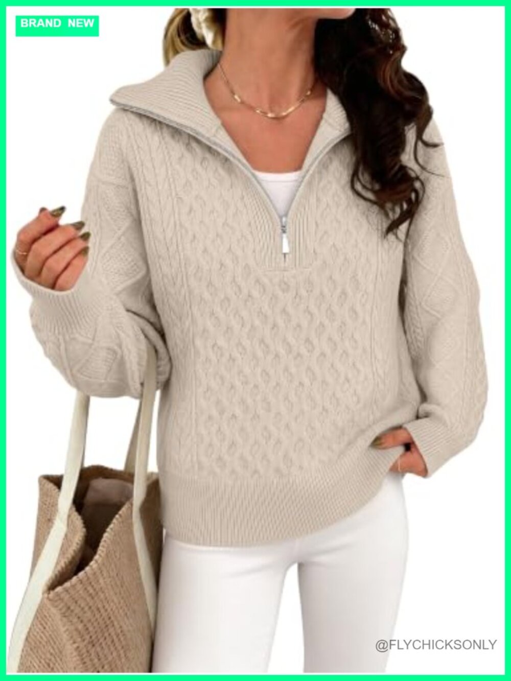 Women's Cable Knit Quarter Zip Collared Sweater Loose Fit Pullover Fall